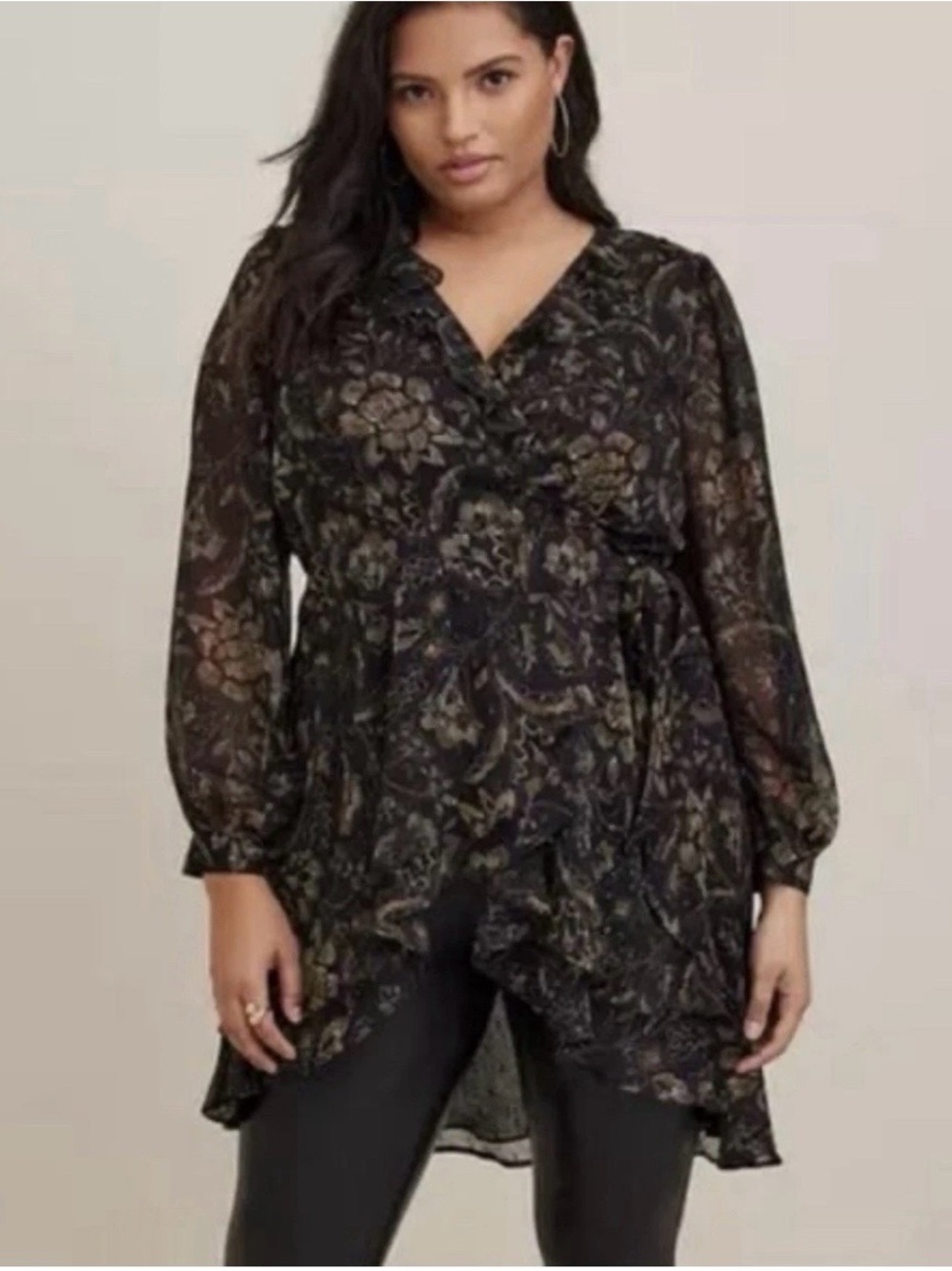 Torrid Whimsygoth Tunic Blouse 2X Layered Tie Front Surplice Floral Ruffled